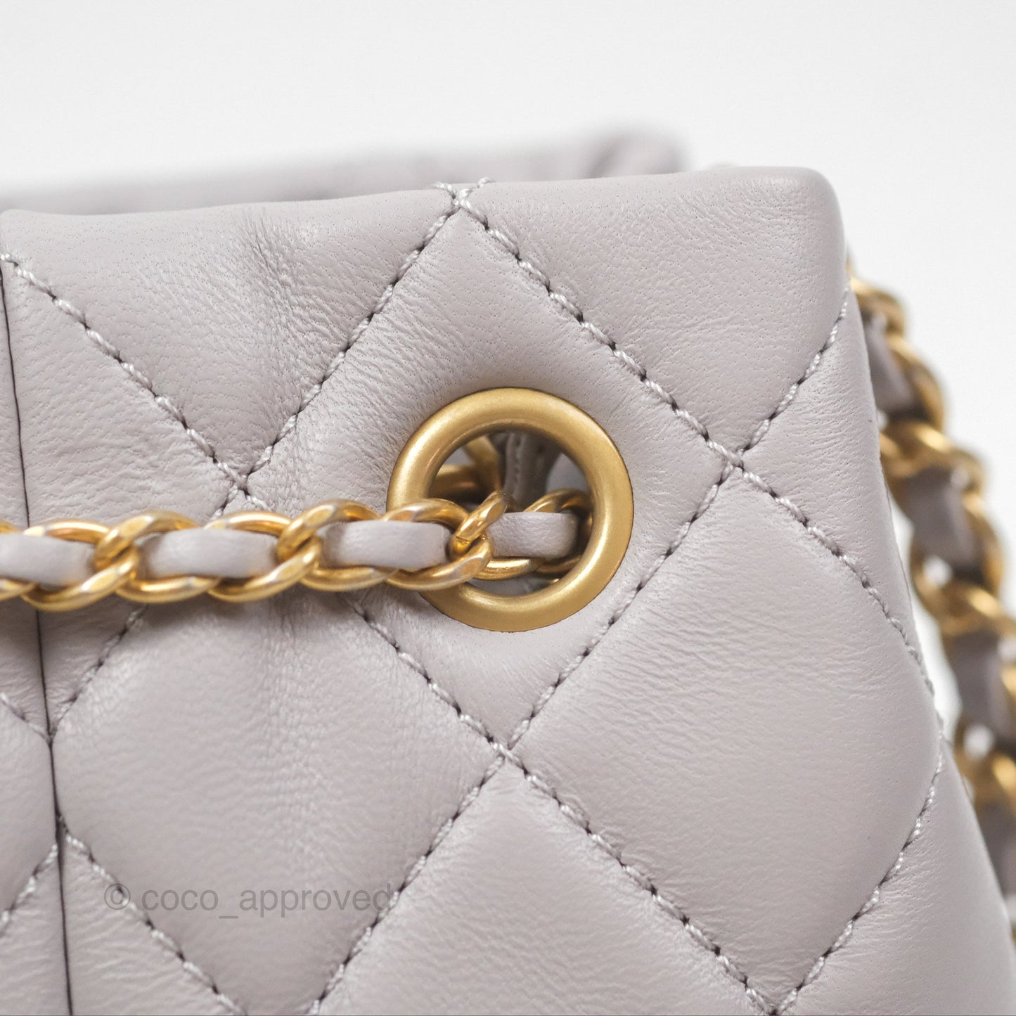 Chanel Pearl Crush Drawstring Bucket Bag Grey Lambskin Aged Gold Hardware