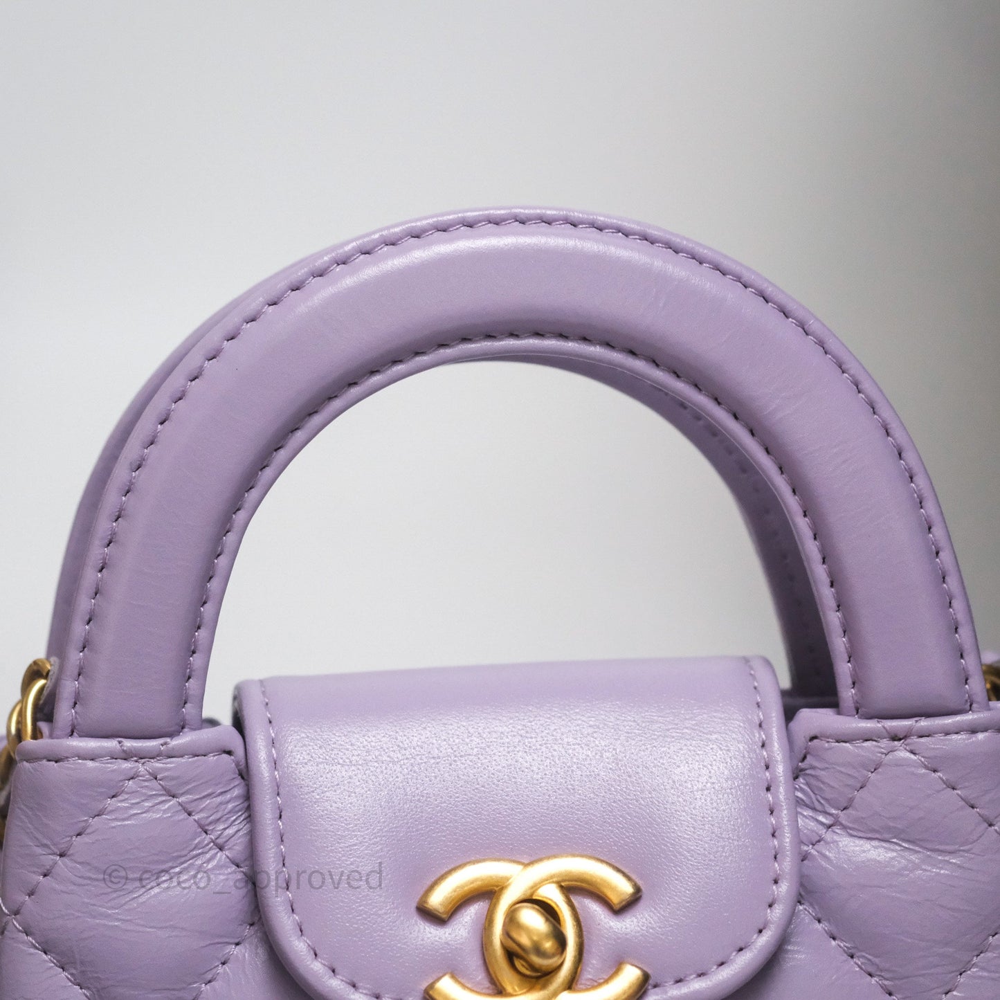 Chanel Mini Nano Kelly Bag Purple Shiny Calfskin Aged Gold Hardware