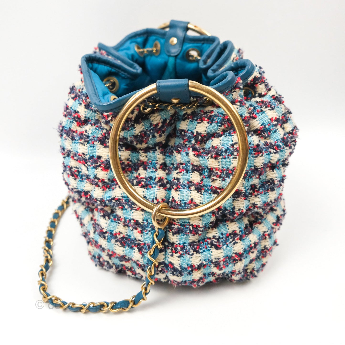 Chanel Cuba Chesterfield Tweed Drawstring Bucket Bag Blue Aged Gold Hardware 17C