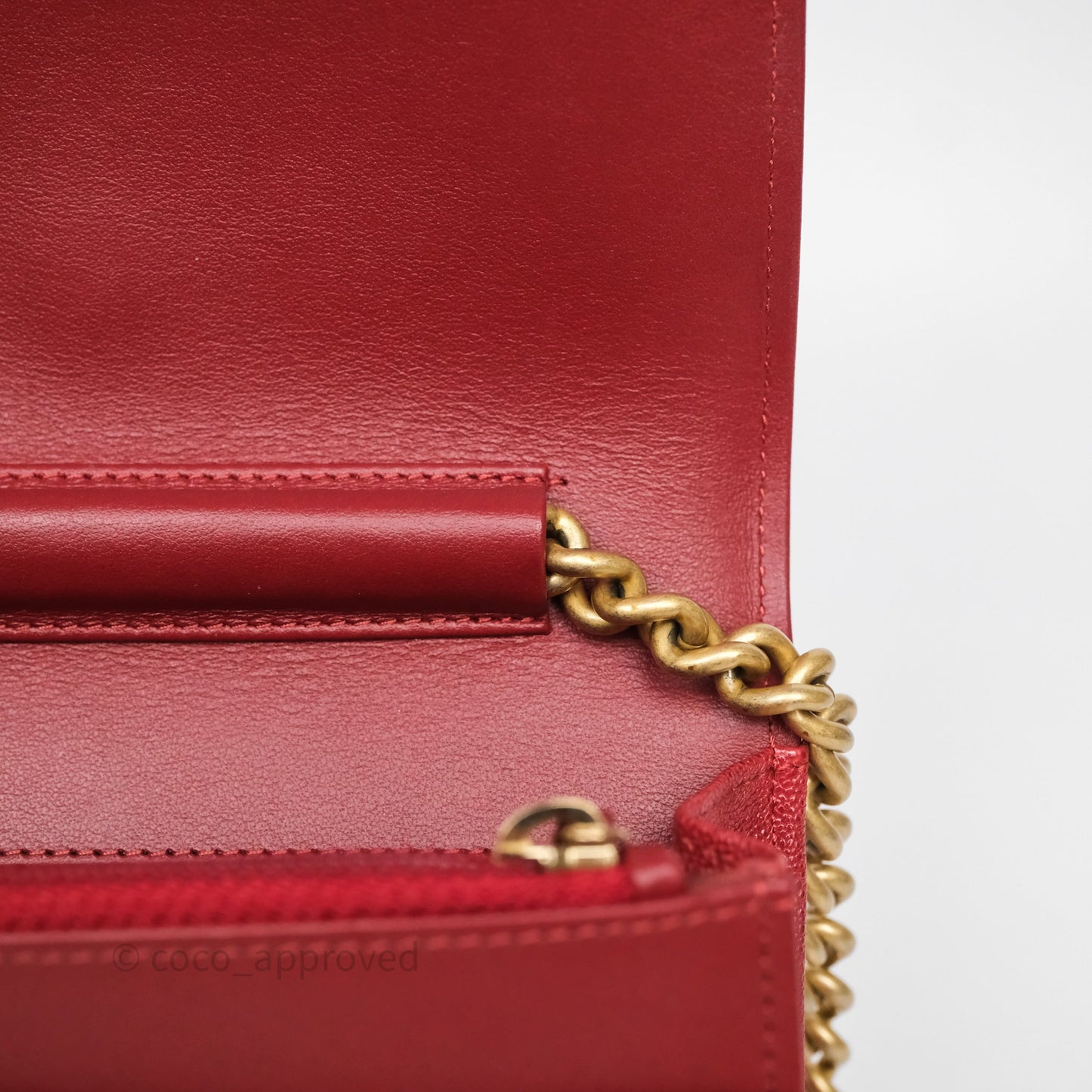 Chanel Boy Wallet on Chain WOC Red Caviar Aged Gold Hardware