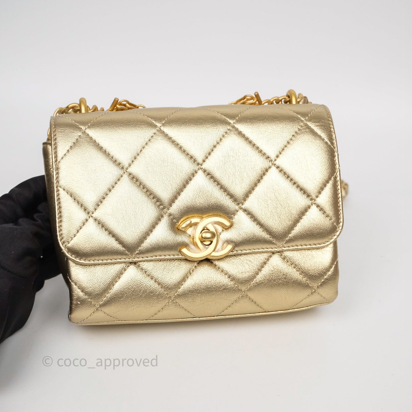 Chanel Mini Crystal Logo Handle Flap Bag Metallic Gold Lambskin 22S