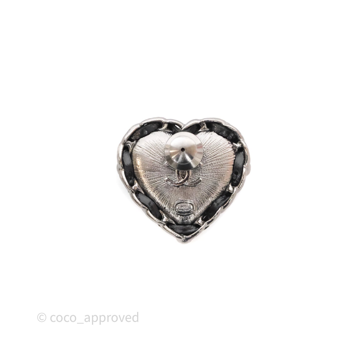 Chanel Crystal Braided Leather Heart Brooch Gun Metal 21A
