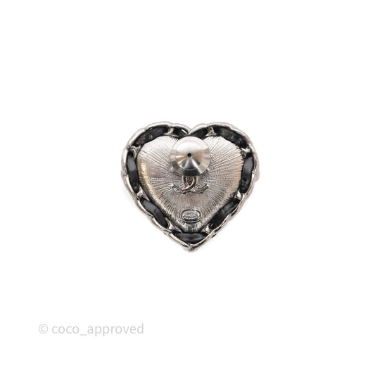 Chanel Crystal Braided Leather Heart Brooch Gun Metal 21A