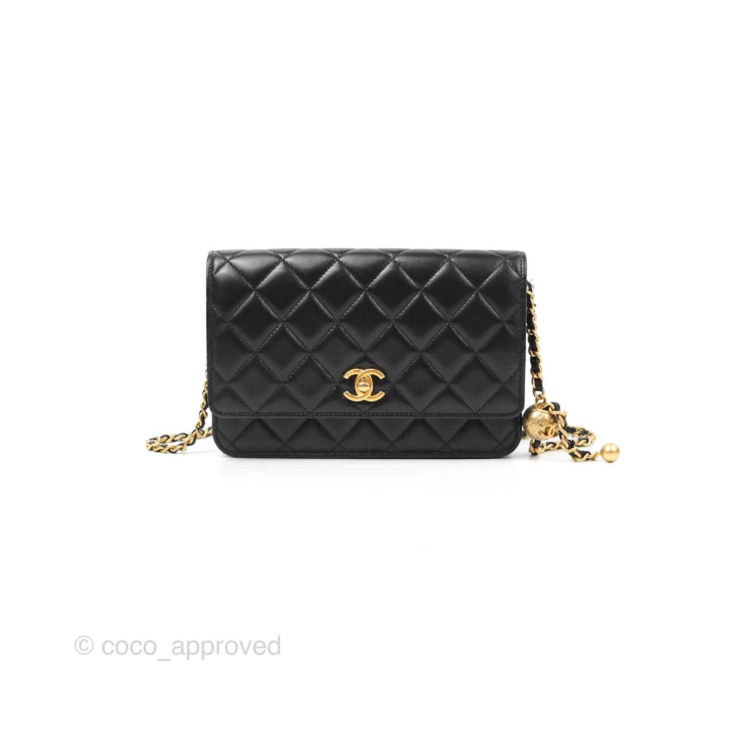 Chanel Quilted Pearl Crush Wallet on Chain WOC Black Lambskin Aged Gold Hardware