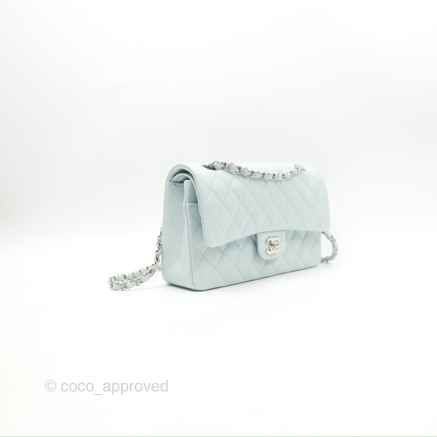 Chanel Medium Classic Flap Quilted Pale Blue Caviar Silver Hardware