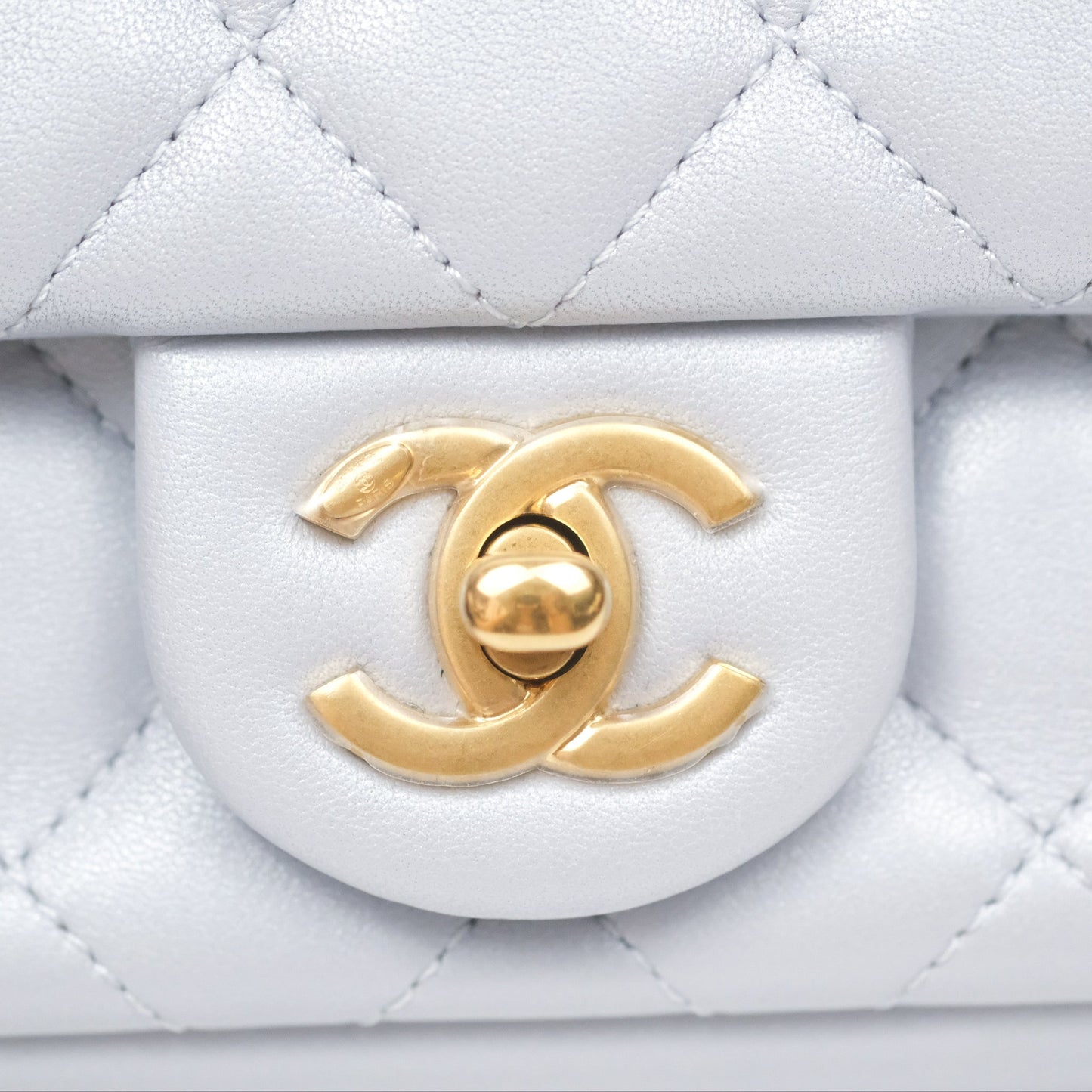 Chanel Pearl Chain Mini Flap Bag Pearly Light Blue Lambskin Aged Gold Hardware 24P