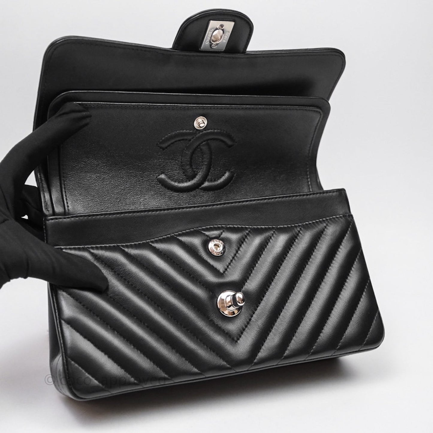Chanel Small Classic Chevron Flap Black Lambskin Silver Hardware