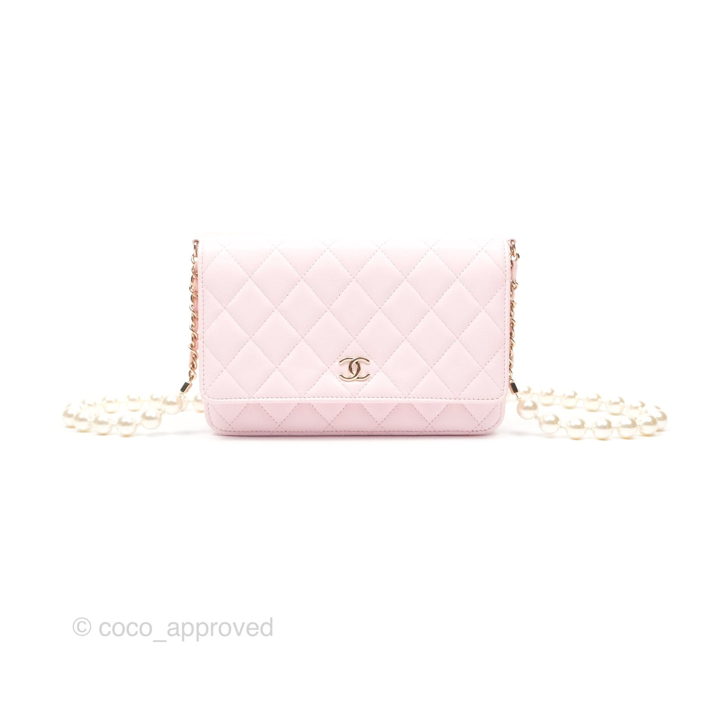 Chanel Wallet On Chain WOC Pearl Chain Iridescent Light Pink Lambskin Gold Hardware