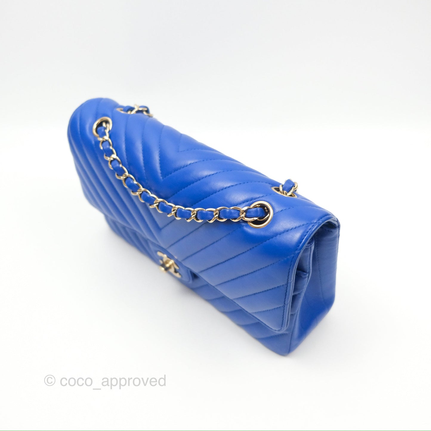 Chanel Medium Classic Flap Chevron Blue Lambskin Gold Hardware