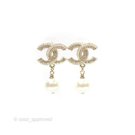 Chanel Crystal CC Pearl Drop Earrings Gold Tone 20V