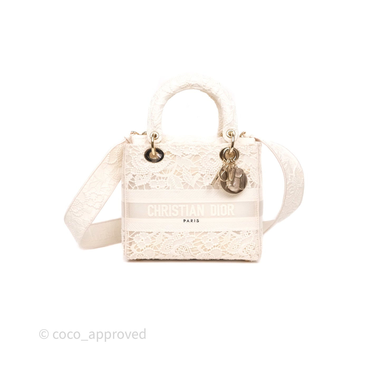 Christian Dior Lace Medium Lady Dior Ivory White Gold Hardware