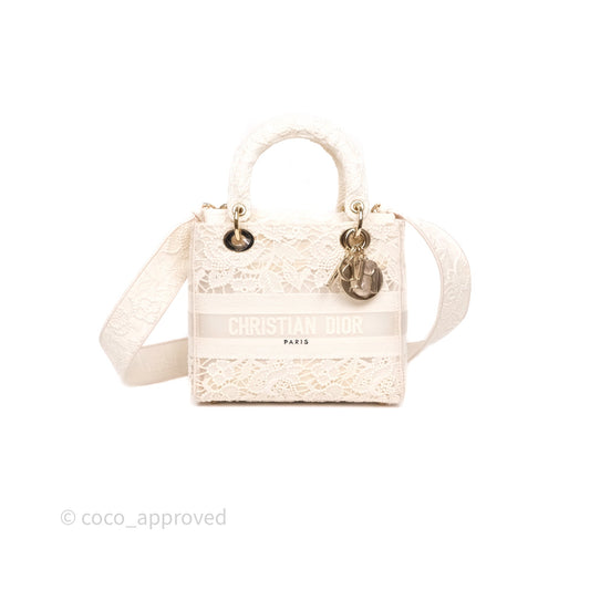 Christian Dior Lace Medium Lady Dior Ivory White Gold Hardware