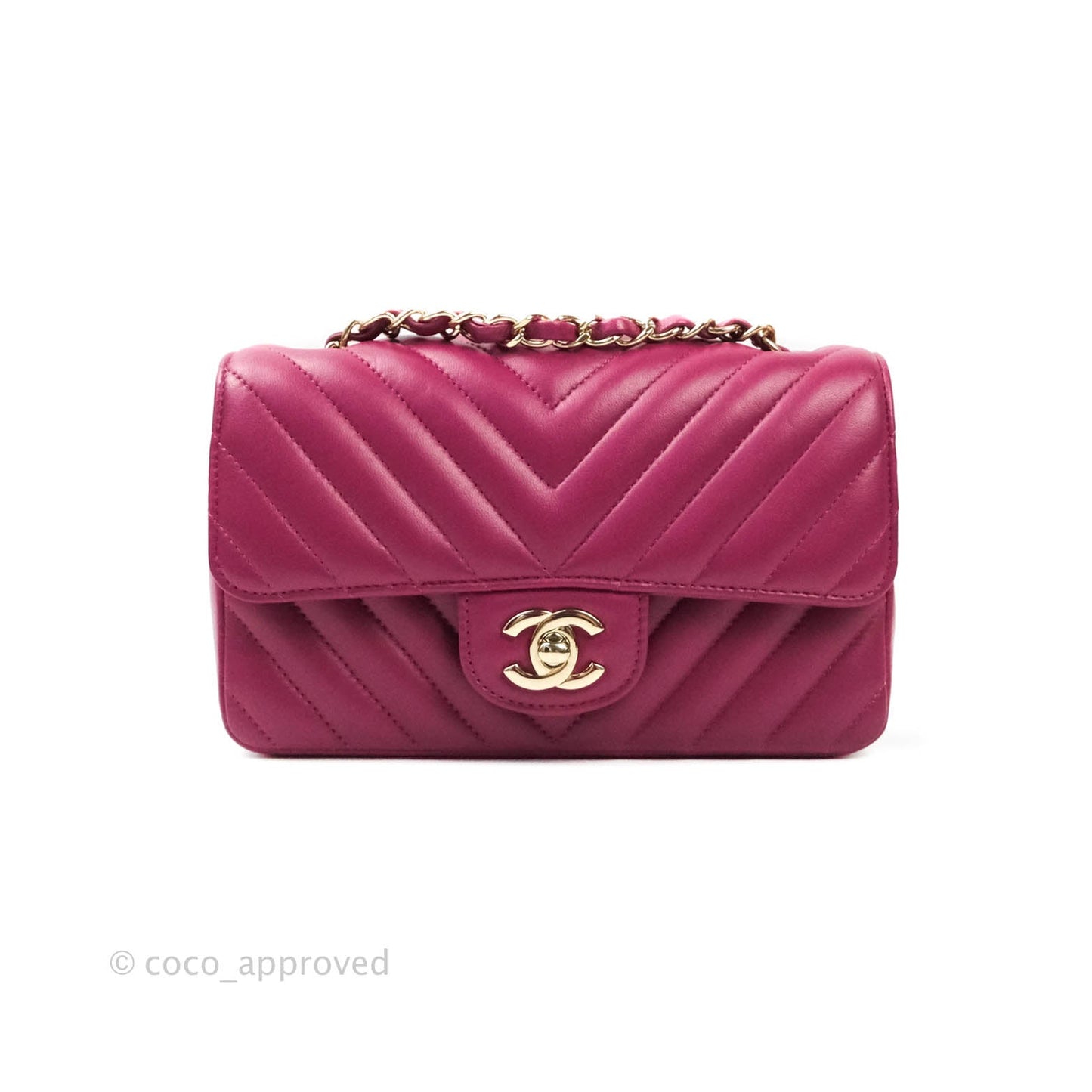 Chanel Chevron Mini Rectangular Lambskin Flap Dark Pink Gold Hardware