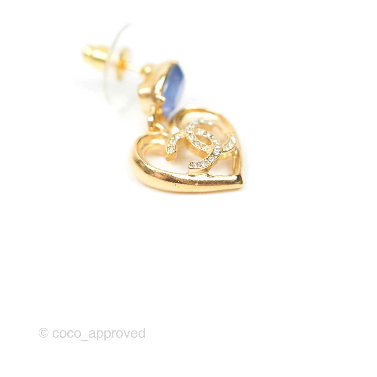 Chanel Oval Blue Resin Heart CC Drop Earrings Gold Tone 23C