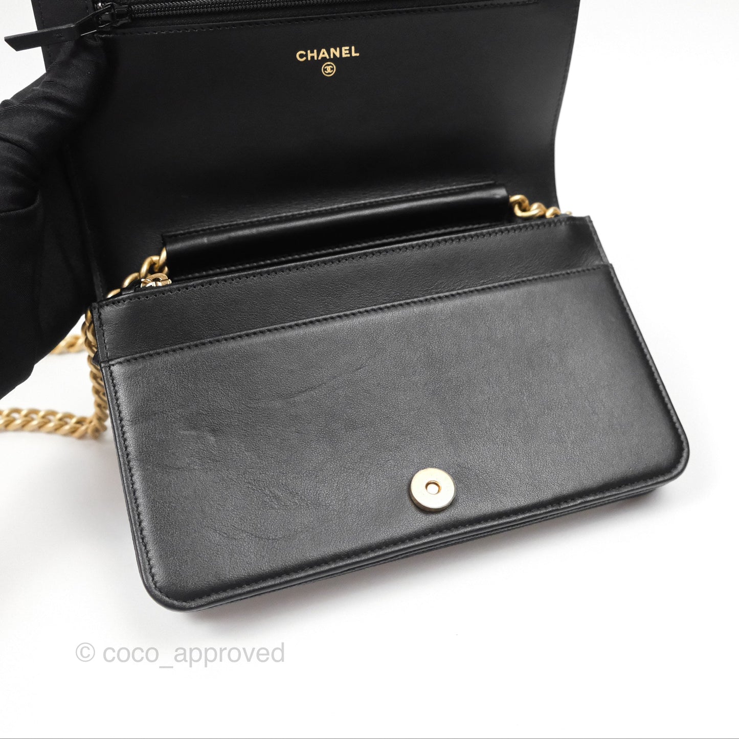 Chanel Quilted Boy Wallet on Chain WOC Black Caviar Age Gold Hardware