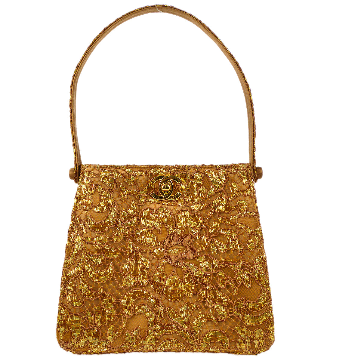 Luxury Chanel 1997-1999 * Double Side Turnlock Handbag Gold Satin