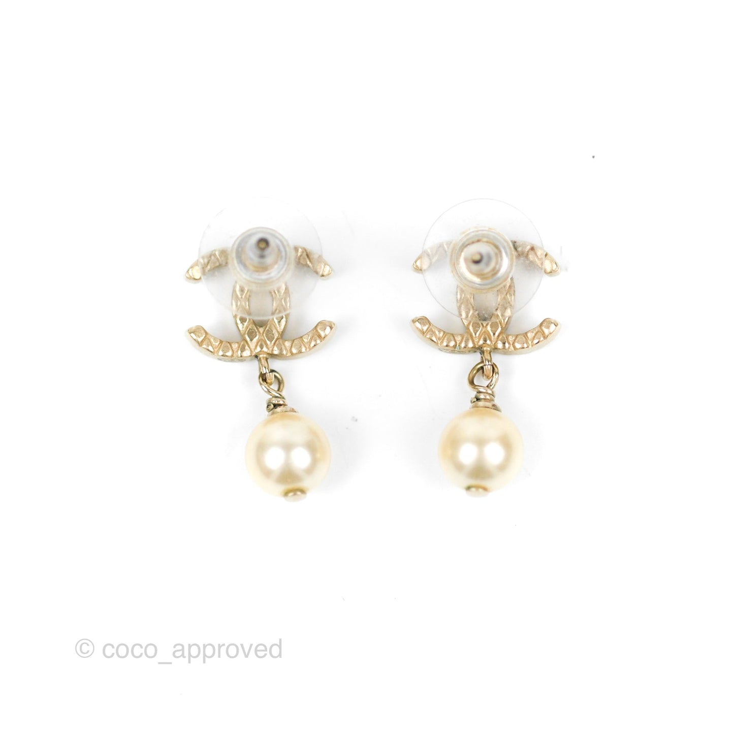 Chanel CC Pearl Drop Earrings Gold Tone 10A