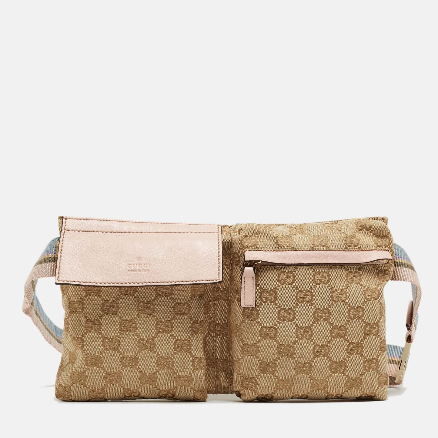 Luxury Gucci Trending 2025 Beige/pink Gg Canvas And Leather Double Pocket Belt Bag