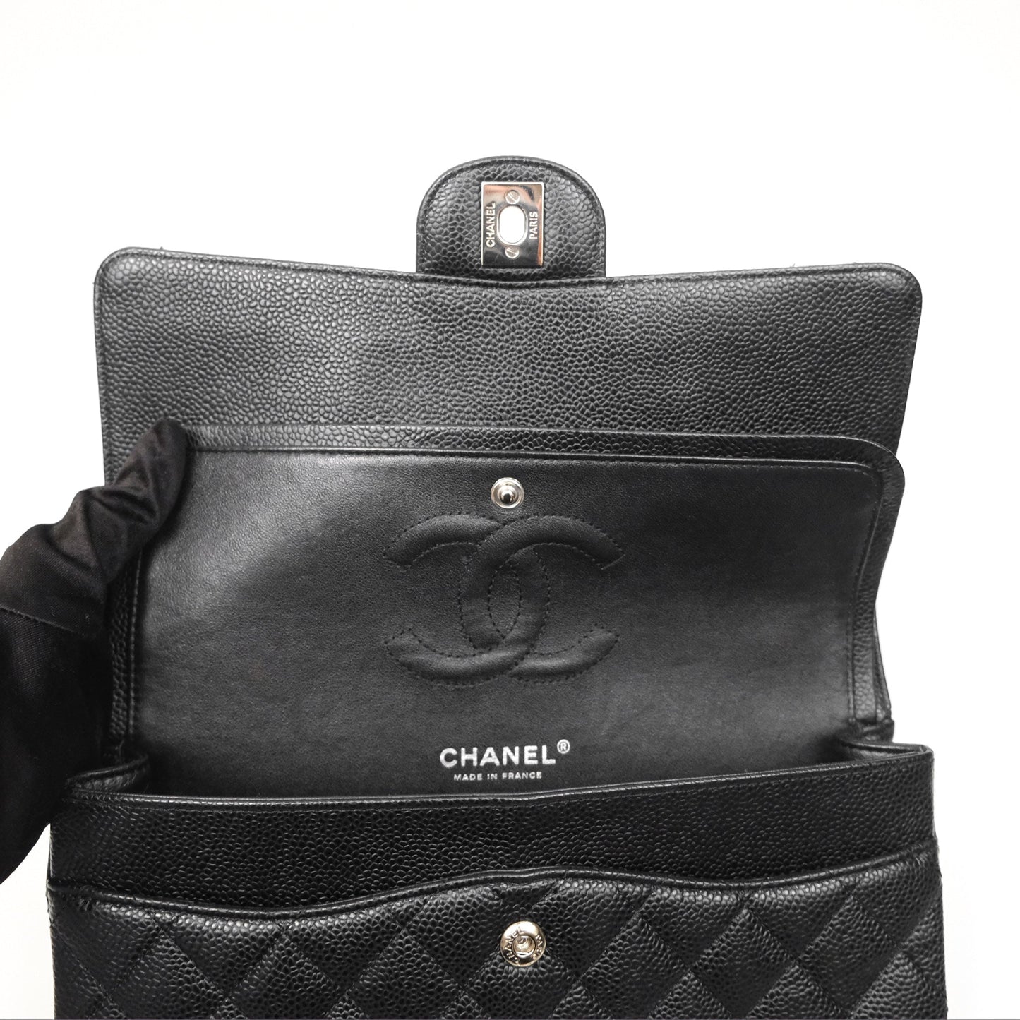 Chanel Classic M/L Medium Flap Quilted Black Caviar Silver Hardware
