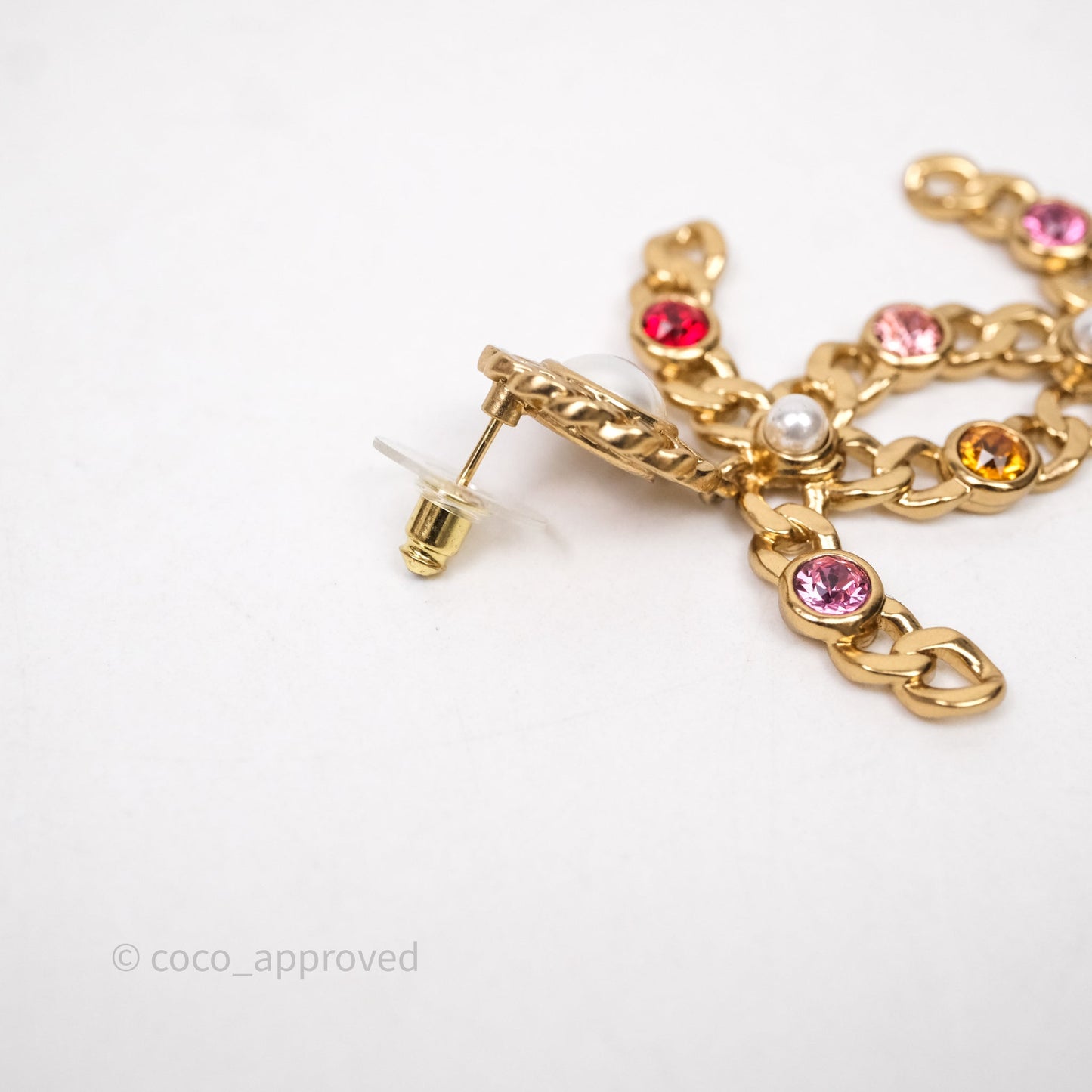 Chanel CC Drop Pearl Crystal Earrings Gold Tone 21P