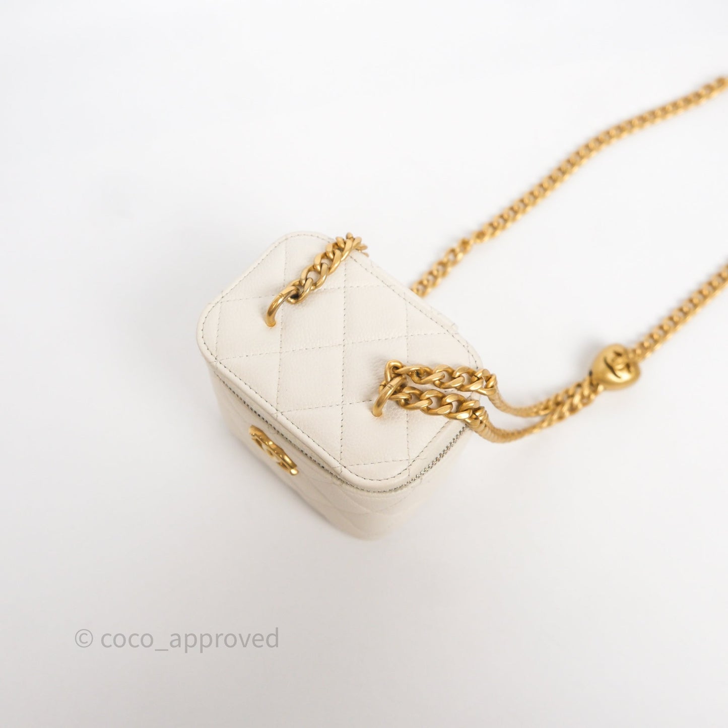 Chanel Heart Crush Mini Vanity With Chain White Caviar Aged Gold Hardware