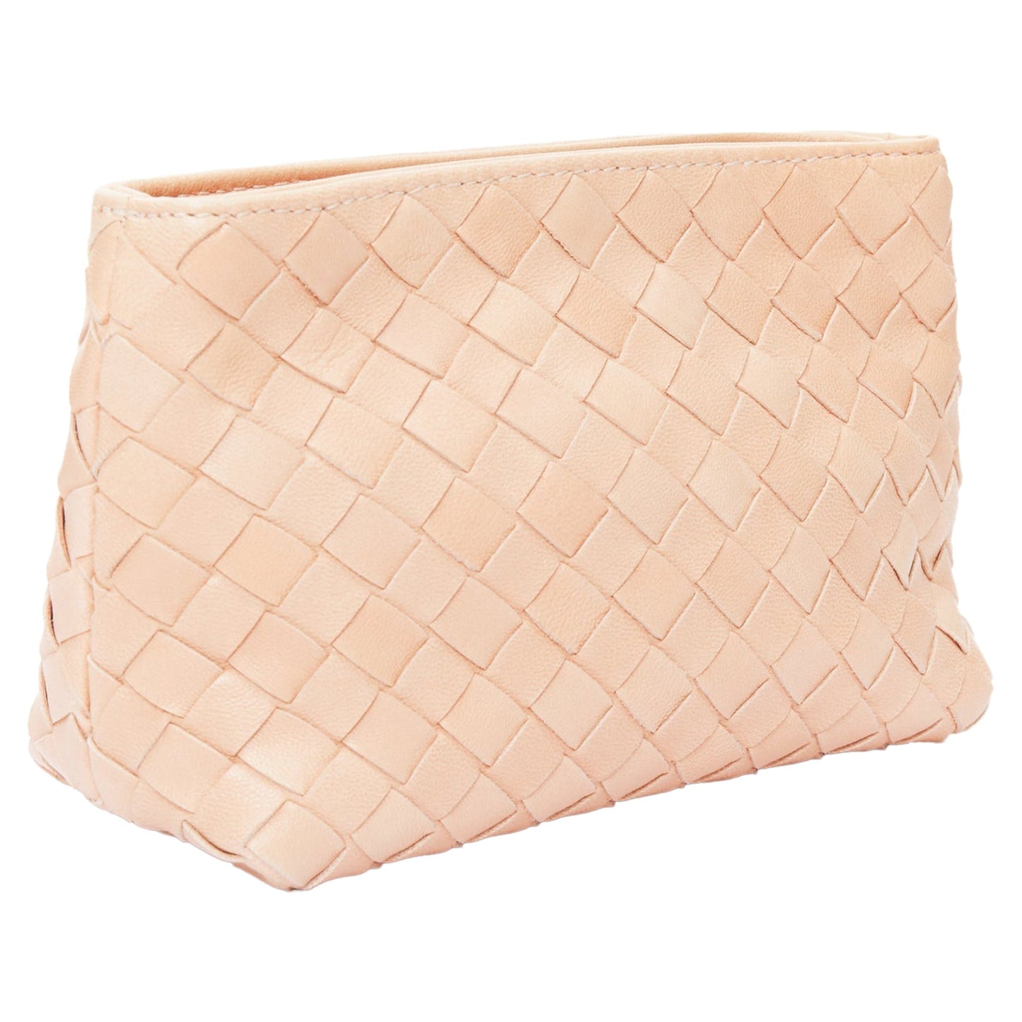 Luxury Bottega Veneta light nude intrecciato leather woven zip pouch