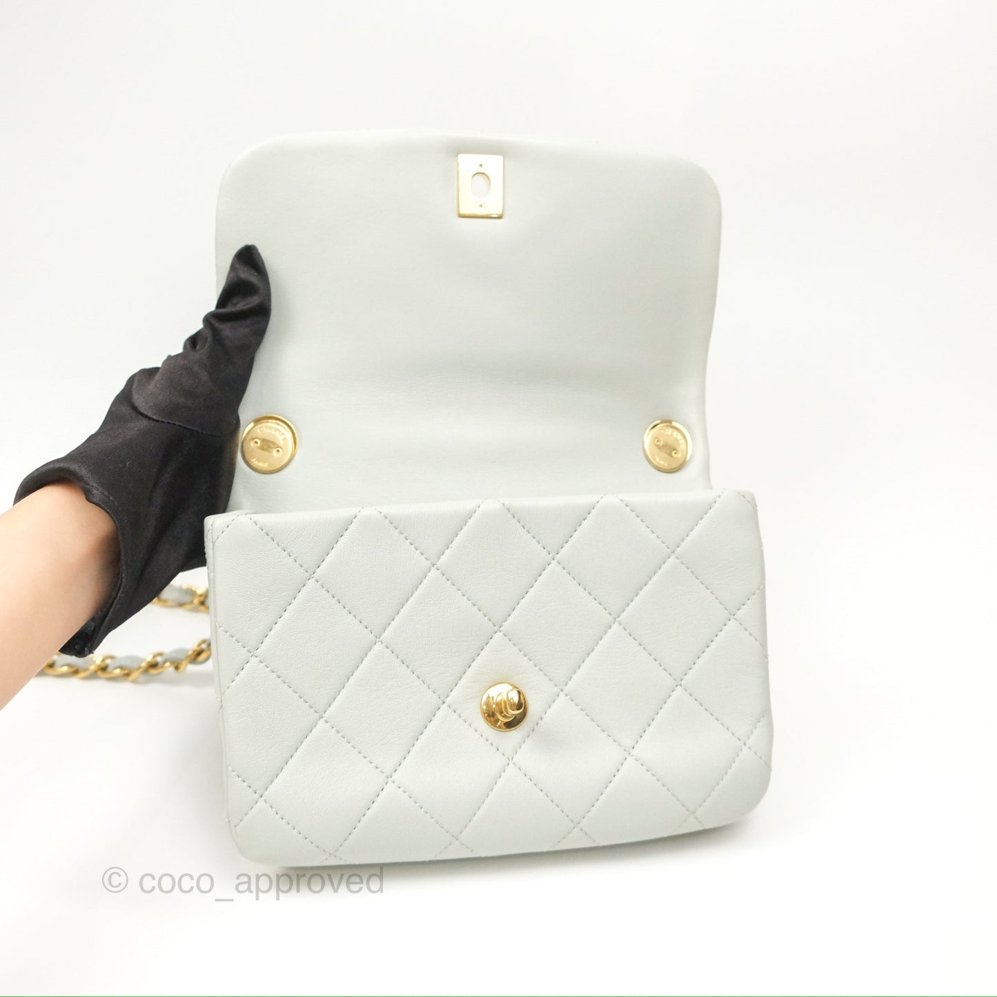 Chanel Chain Handle Flap Light Grey Calfskin Aged Gold Hardware
