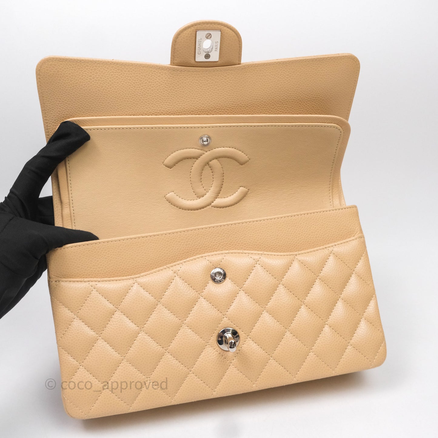 Chanel Classic M/L Medium Flap Quilted Beige Caviar Silver Hardware