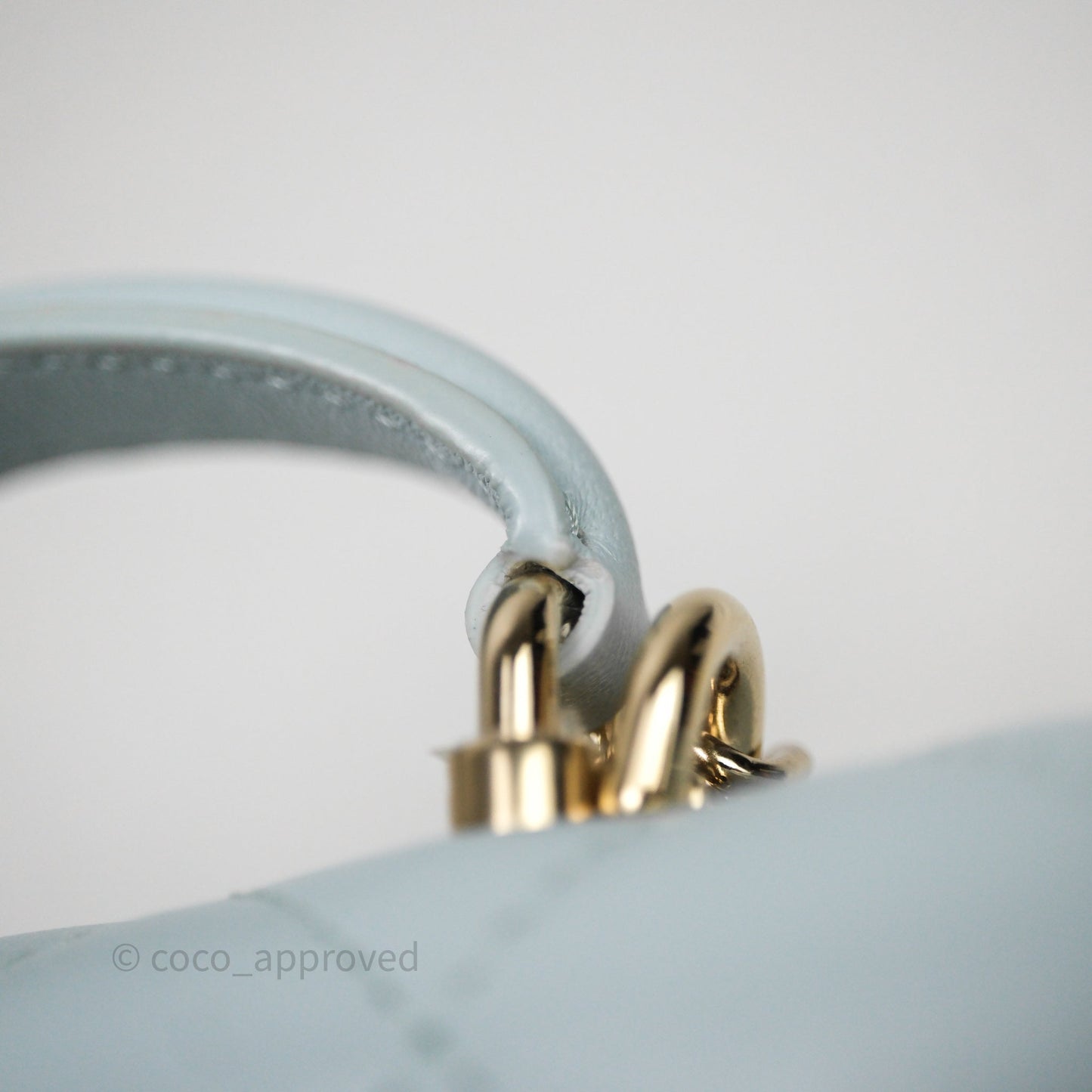 Chanel Mini Handle Flap Coin Purse With Chain Light Blue Lambskin Gold Hardware