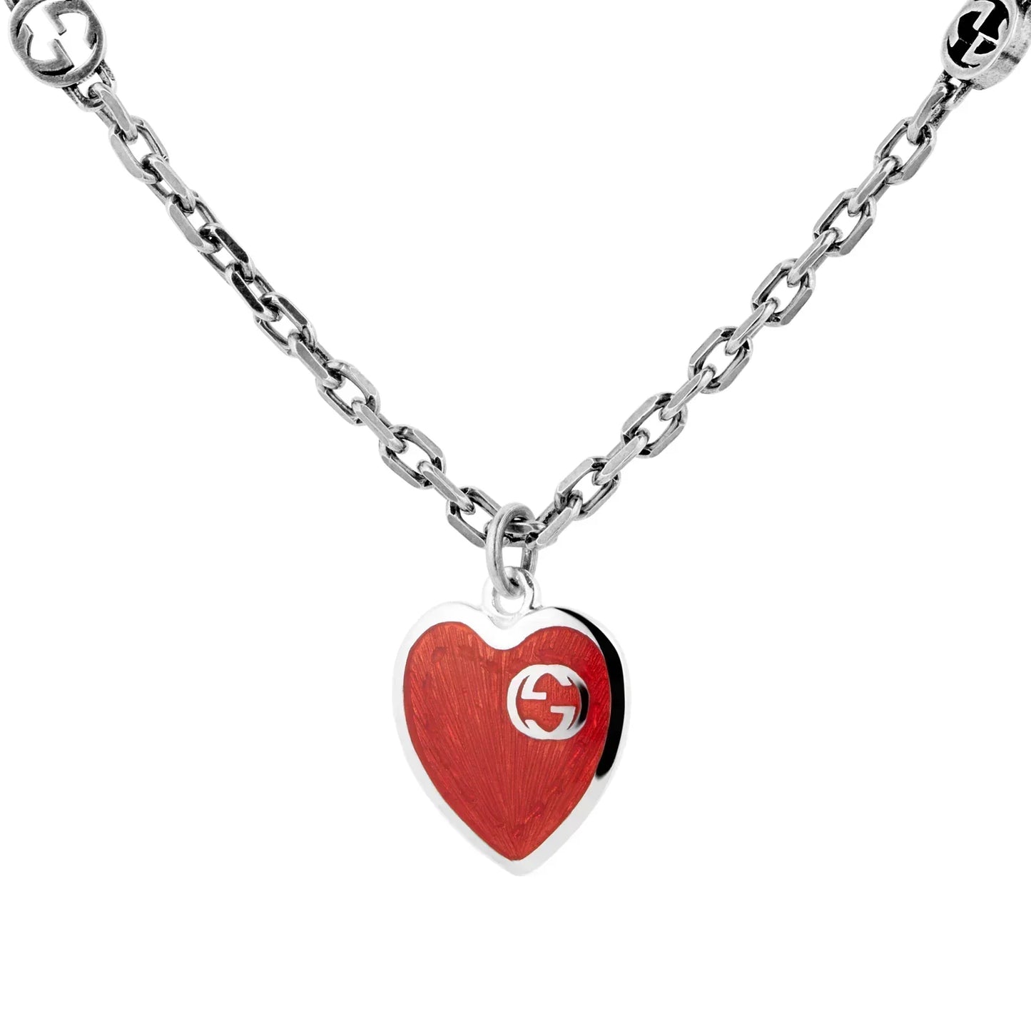 Luxury Gucci GG HEARTS STERLING SILVER RED ENAMEL PENDANT NECKLACE
