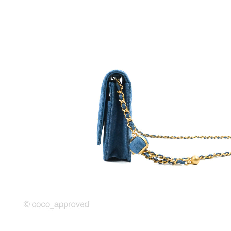 Chanel Quilted Pearl Crush Wallet on Chain WOC Denim Aged Gold Hardware