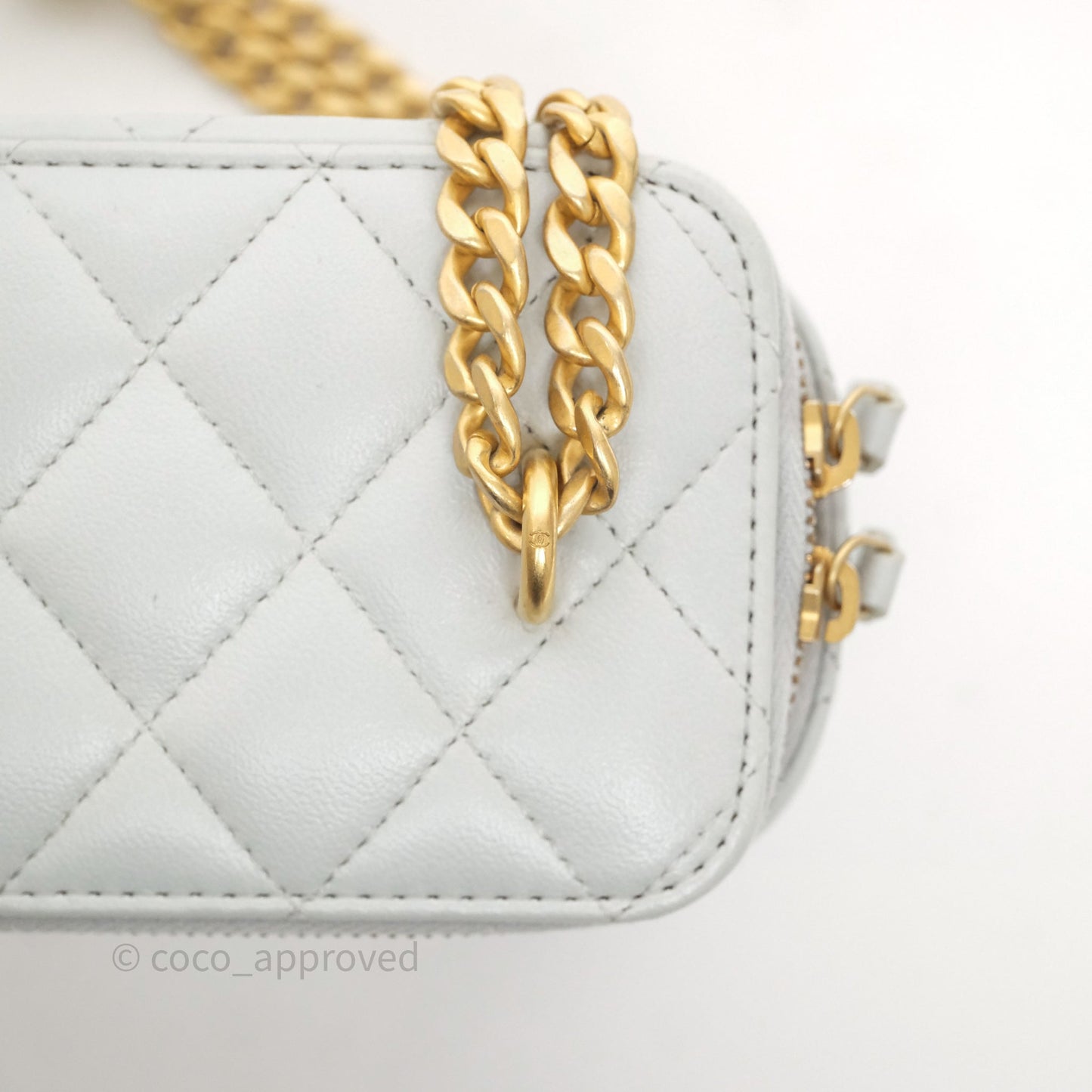 Chanel Quilted Vanity Rectangular with Camellia Adjustable Chain Blue Grey Lambskin Aged Gold Hardware