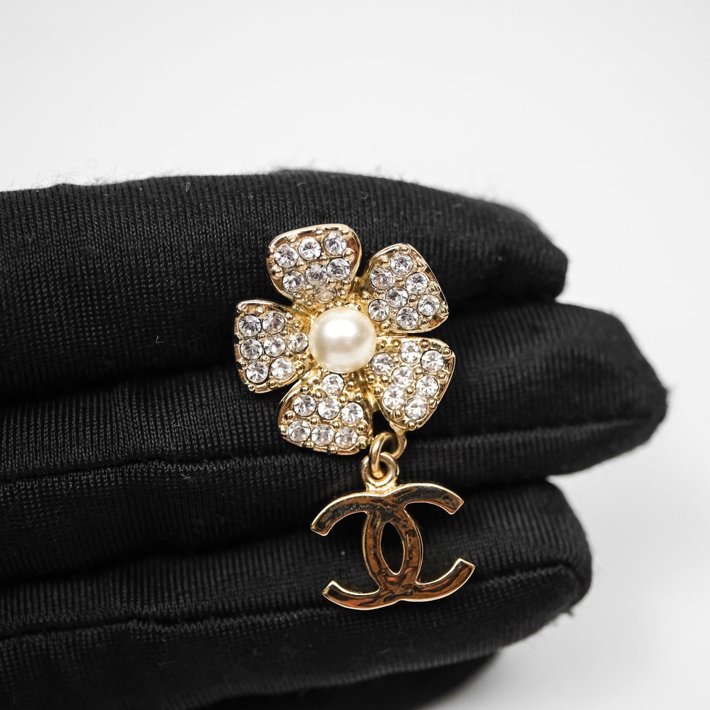 Chanel Crystals Pearl Flower Drop CC Earrings Gold Tone 23S