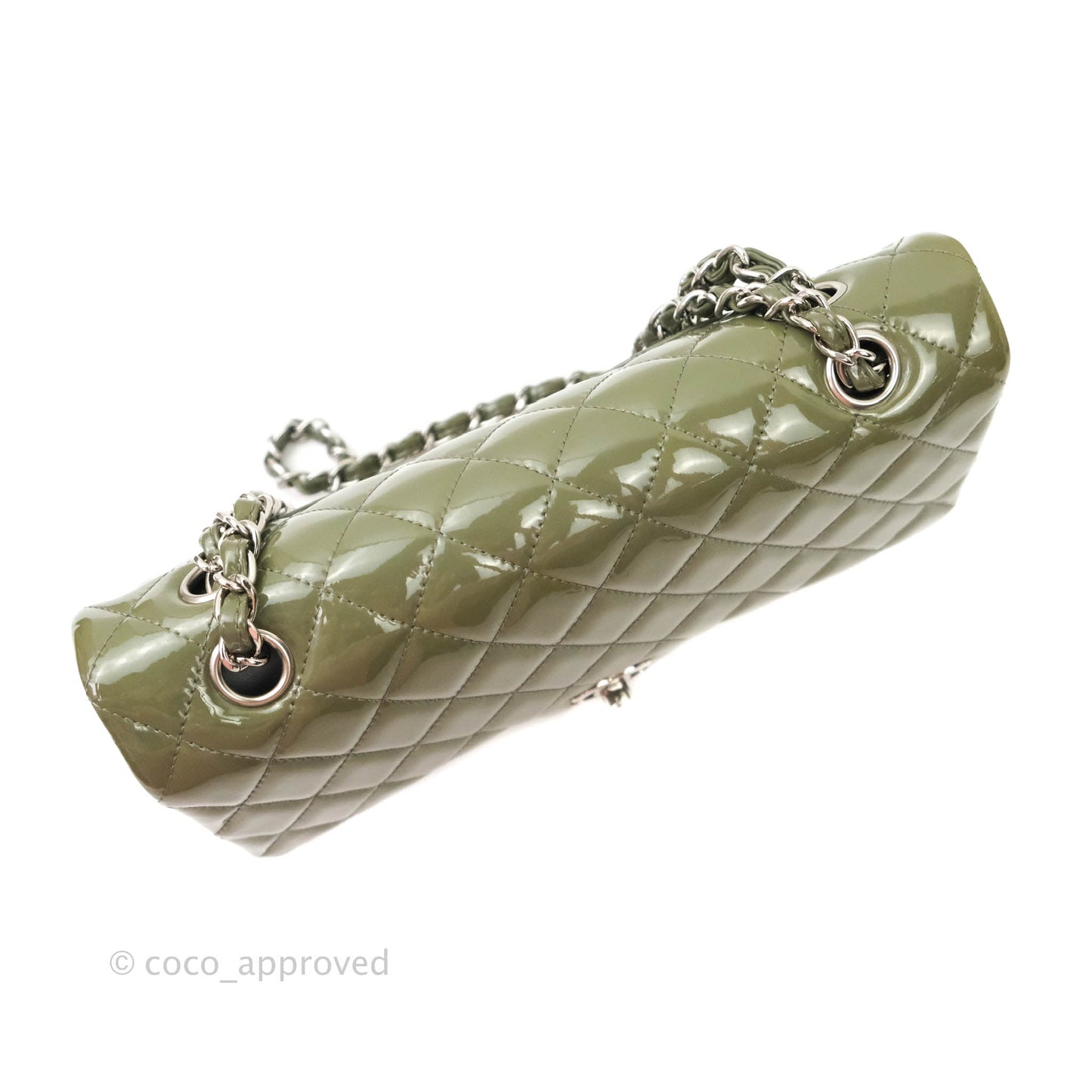 Chanel Classic M/L Medium Double Flap Olive Green Patent Silver Hardware