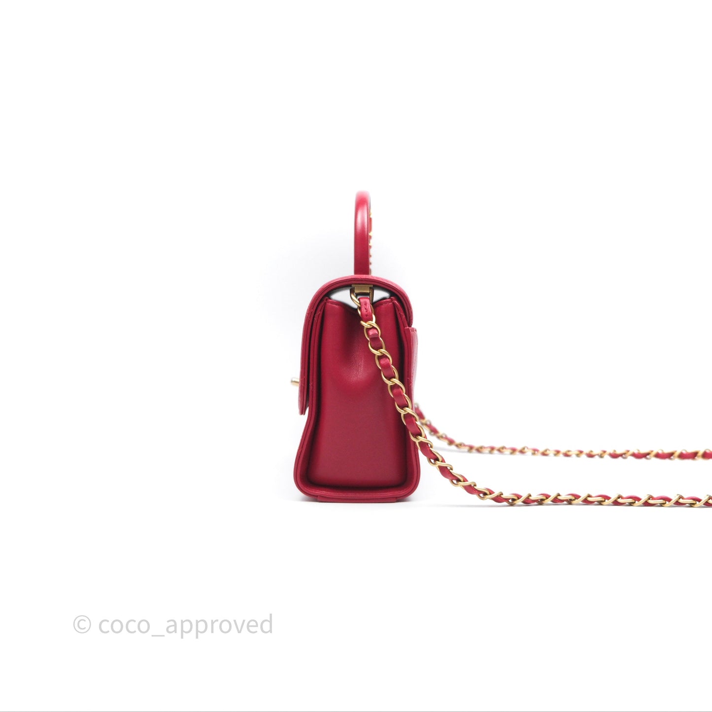 Chanel Quilted Flap Bag  with Pearl Logo Top Handle Red Lambskin Aged Gold Hardware