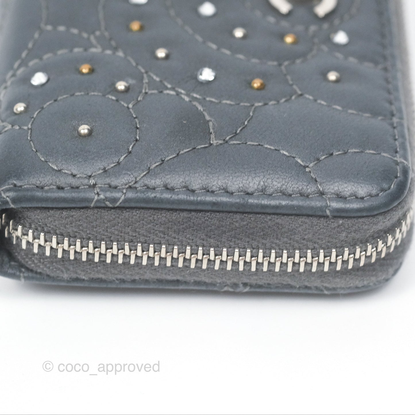 Chanel Camellia Crystal Studded Zipped Coin Purse Grey Silver Hardware