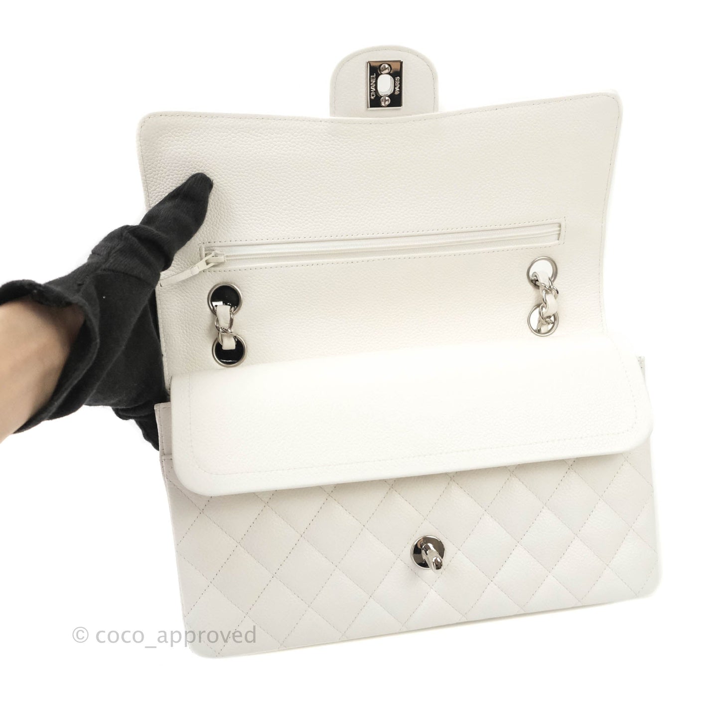 Chanel Quilted M/L Medium Double Flap White Caviar Silver Hardware