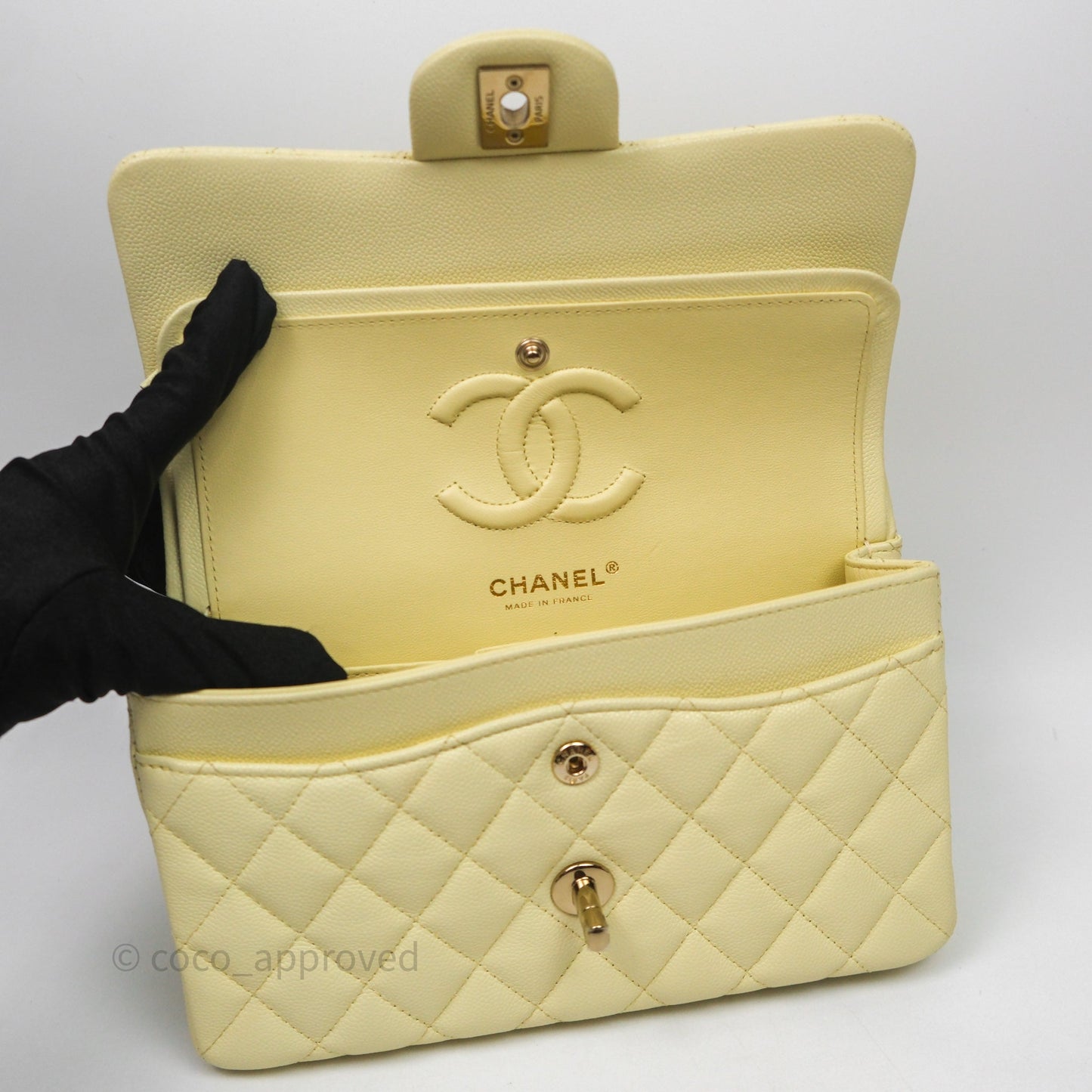 Chanel Small Classic Quilted Flap Light Yellow Caviar Gold Hardware