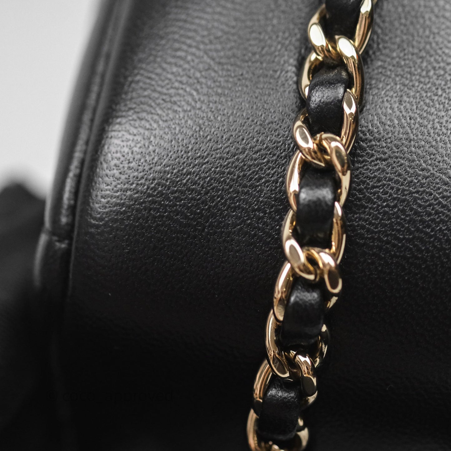 Chanel Logo Pearl Chain Flap Bag Black Lambskin Gold Hardware
