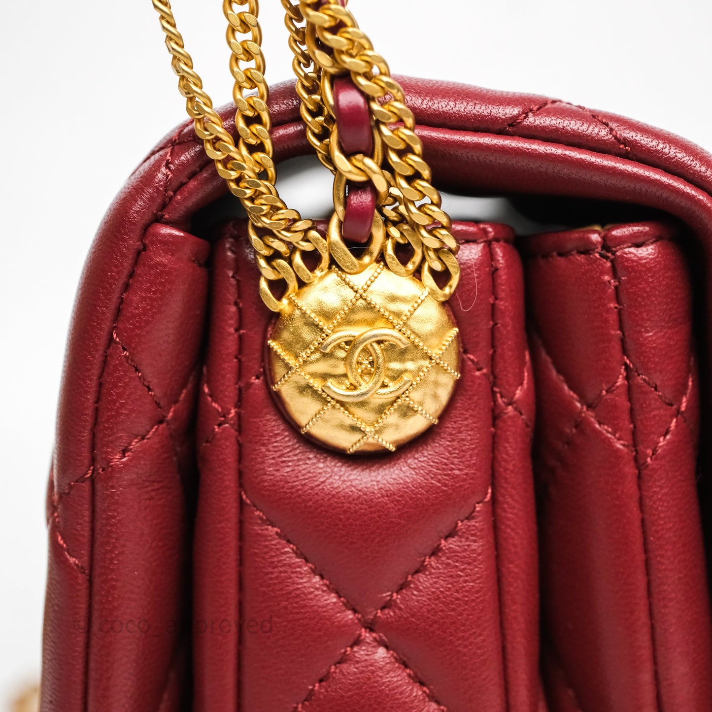 Chanel Quilted Accordion Flap Bag with Button on Chain Burgundy Lambskin Aged Gold Hardware 22A