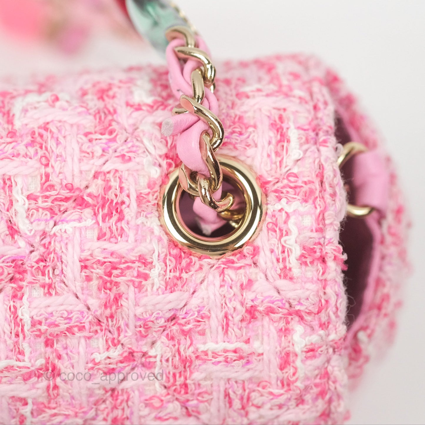 Chanel Flap Bag with Heart Resin Charm Chain Pink Tweed Gold Hardware