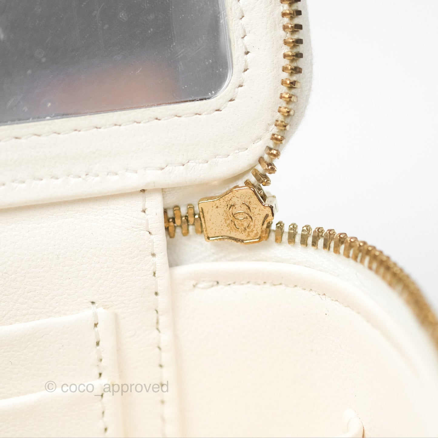 Chanel Vanity with Heart Adjustable Chain White Caviar Aged Gold Hardware