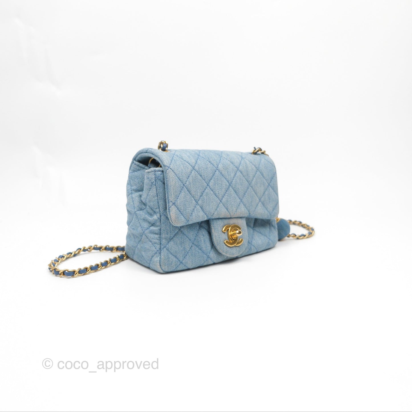 Chanel Mini Square Pearl Crush Quilted Denim Aged Gold Hardware
