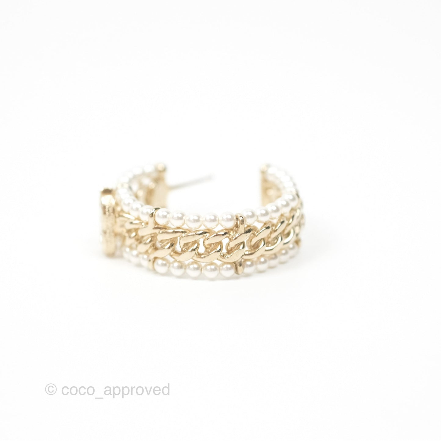 Chanel CC Pearl Hoop Earrings Gold Tone 20C