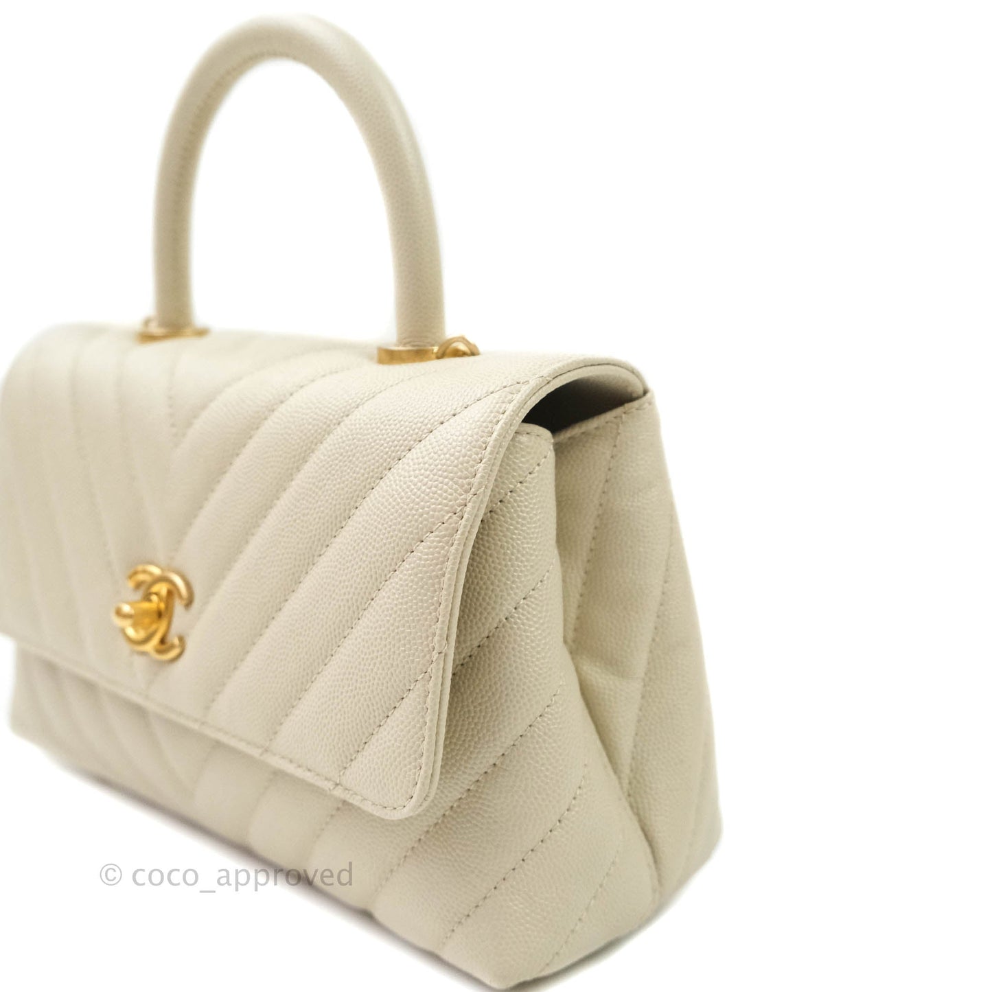 Chanel Mini Coco Handle Chevron Stone White Caviar Aged Gold Hardware