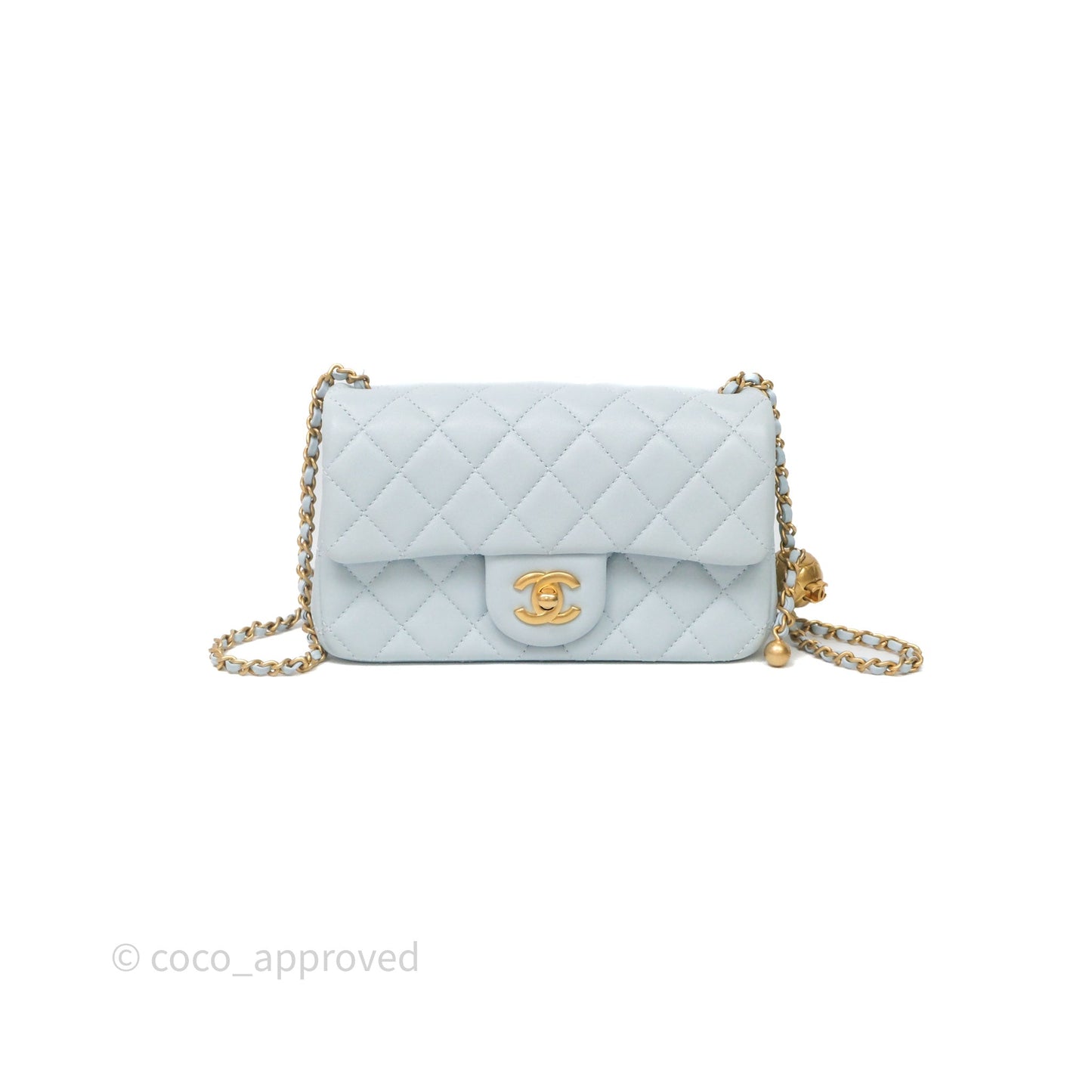 Chanel Pearl Crush Mini Rectangular Light Blue Lambskin Aged Gold Hardware