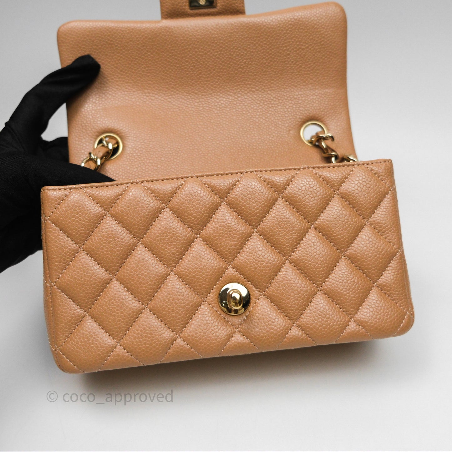 Chanel Mini Rectangular Quilted Dark Beige Caviar Gold Hardware