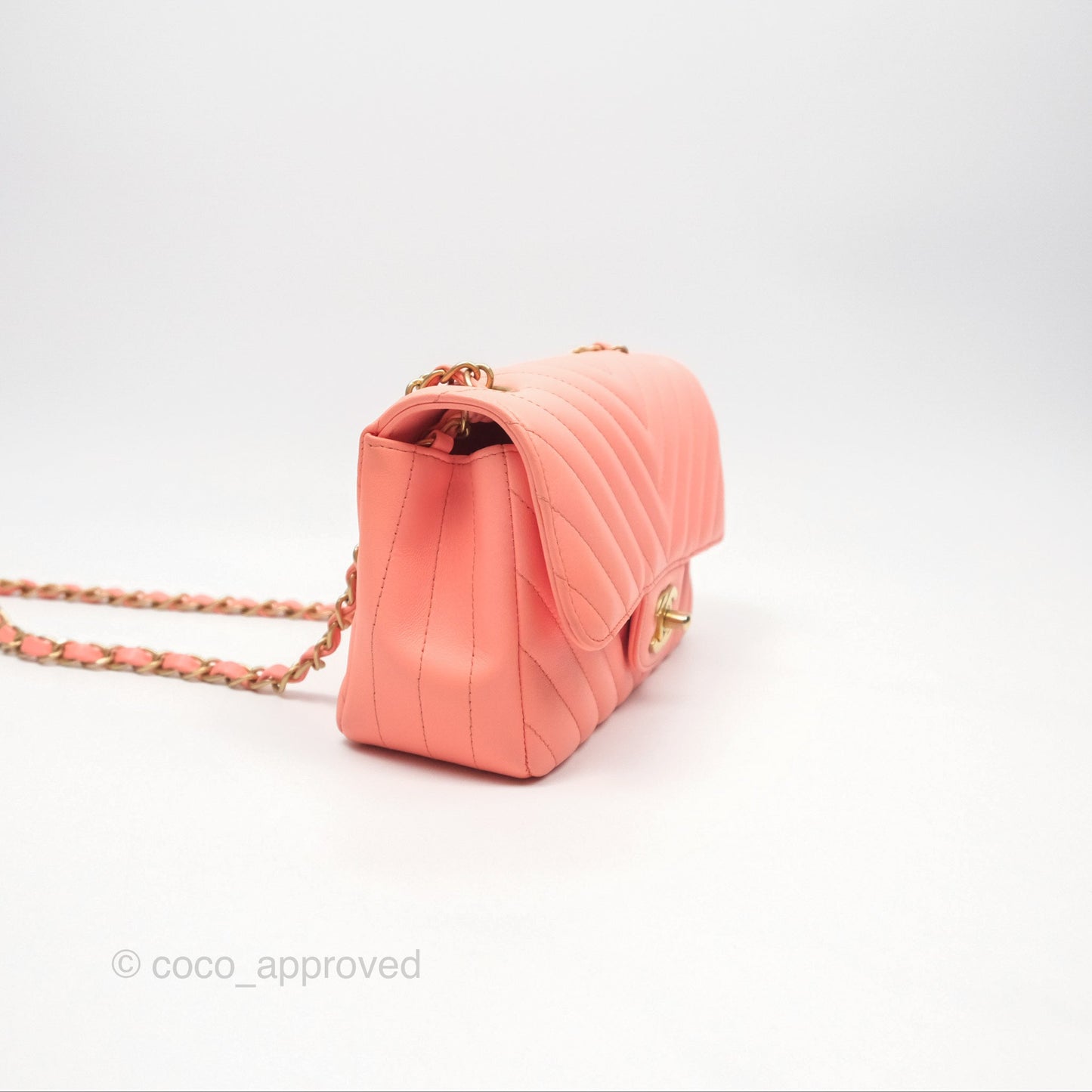 Chanel Chevron Mini Rectangular Flap Peach Pink Lambskin Aged Gold Hardware