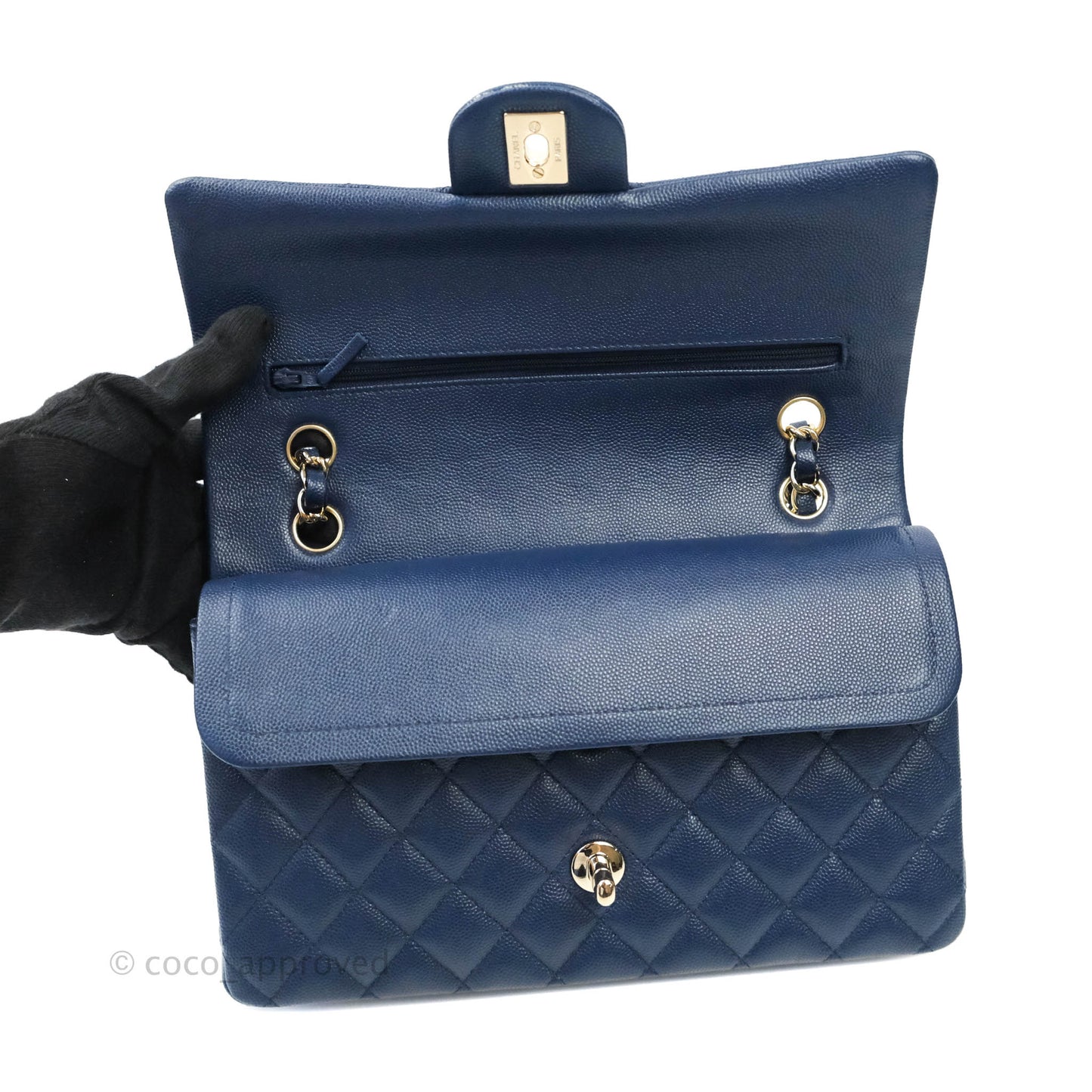 Chanel Quilted M/L Medium Double Flap Navy Caviar Gold Hardware 17B