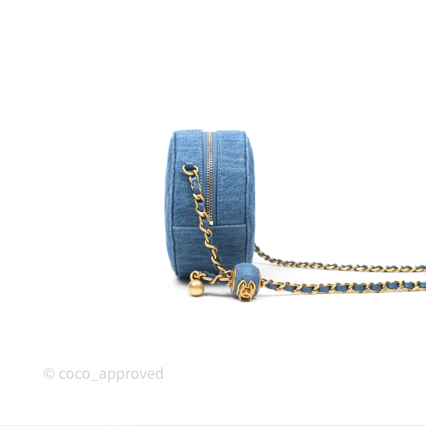 Chanel Quilted Pearl Crush Round Clutch With Chain Denim Aged Gold Hardware